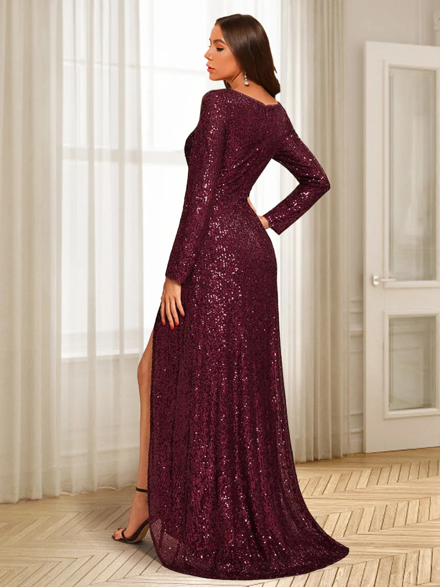 Glamorous A-Line V-Neck Long Sleeve Sparkling Wine Red Long Prom Dress