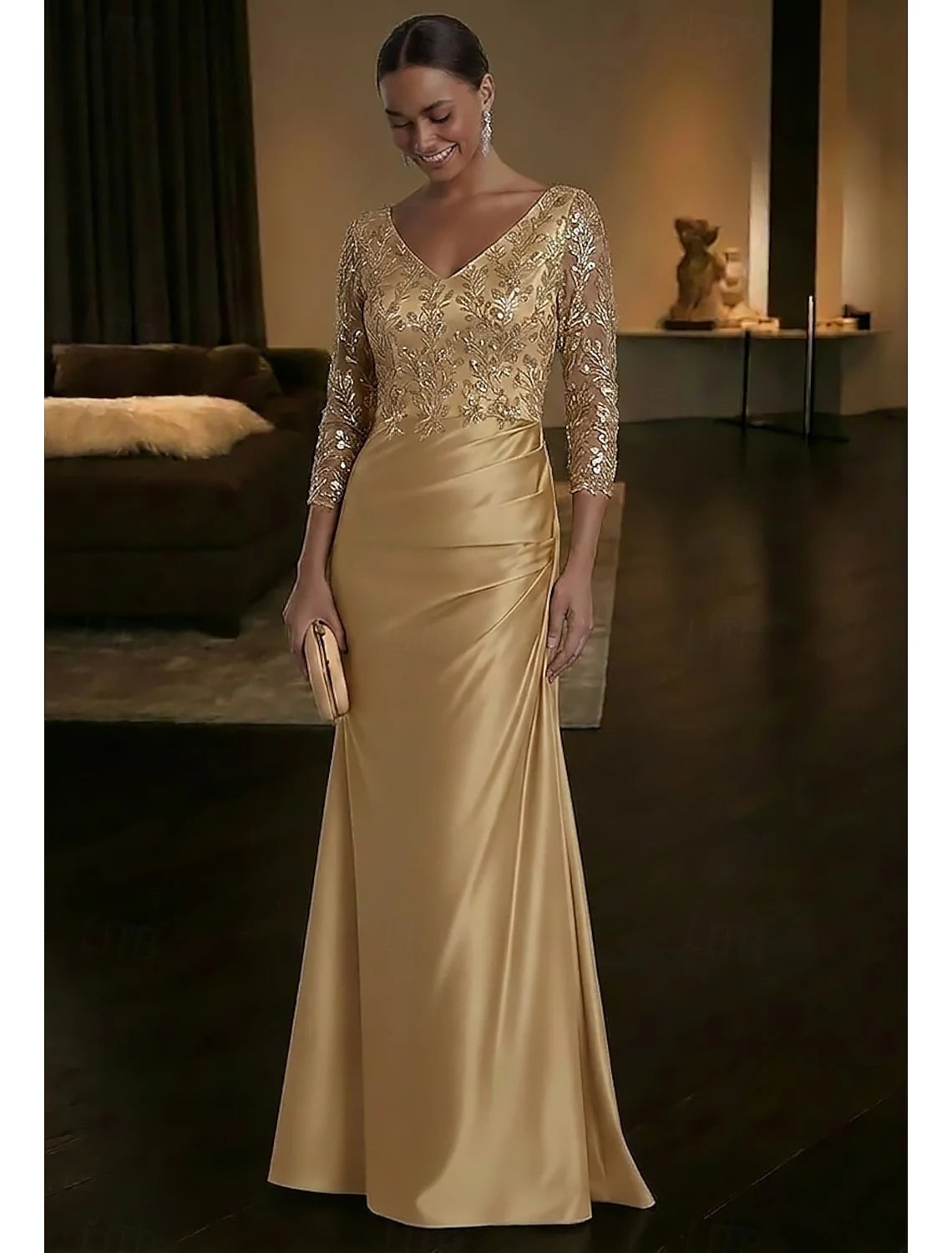 Glamorous A-Line V-Neck Sequin Three-Quarter Sleeve Gold Floor-Length Prom Dress