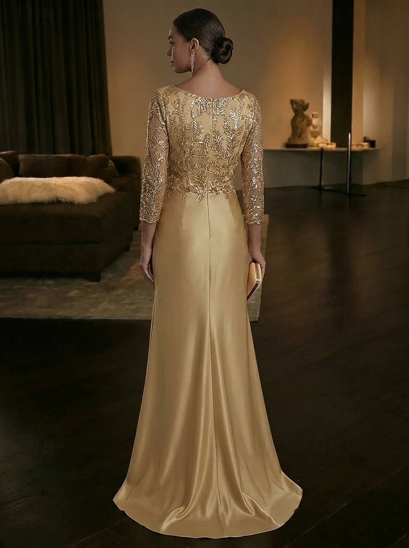 Glamorous A-Line V-Neck Sequin Three-Quarter Sleeve Gold Floor-Length Prom Dress