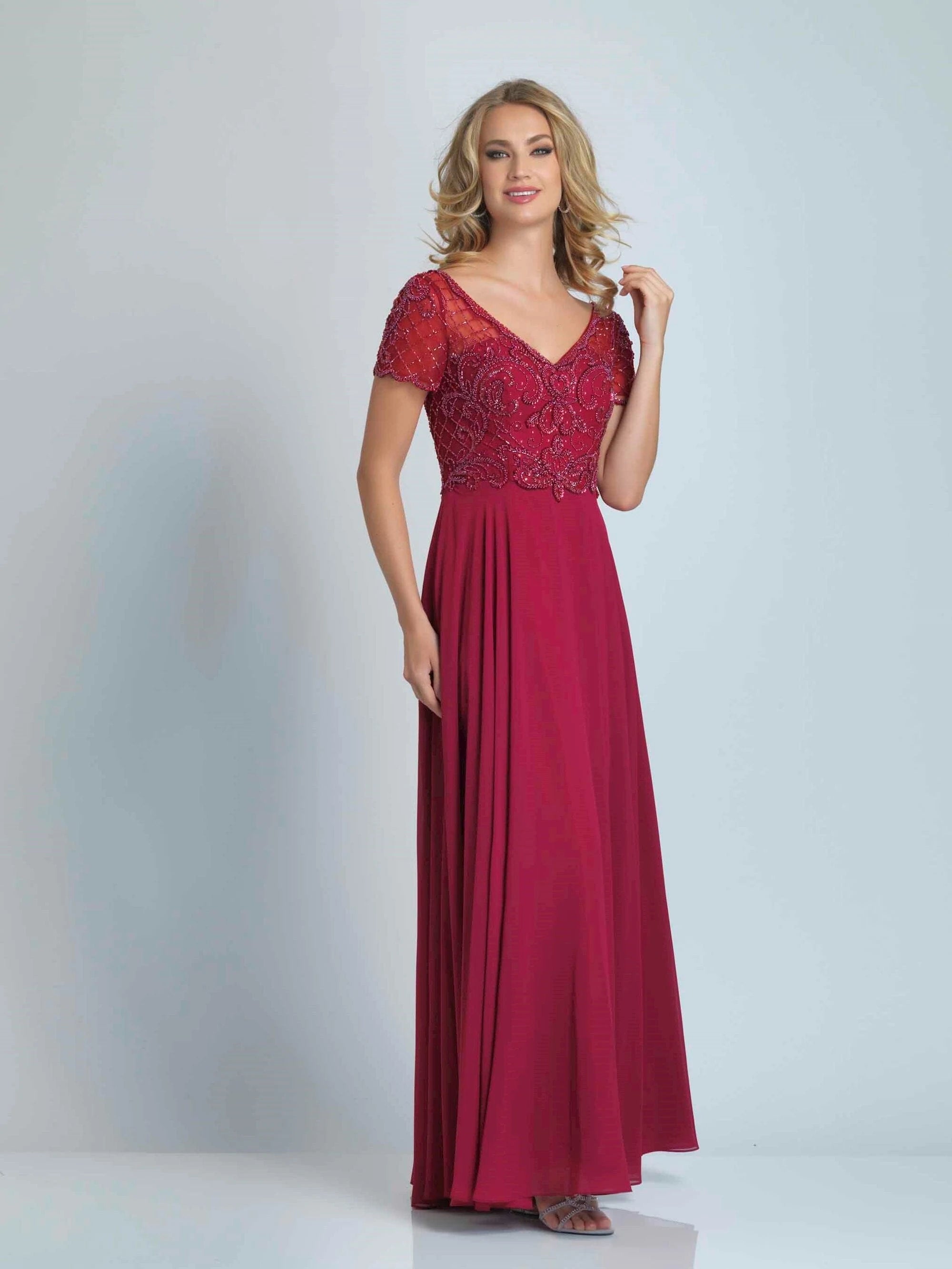 Glamorous A-Line V-Neck Short Sleeve Beaded Burgundy Floor-Length Prom Dresses Women's Gown