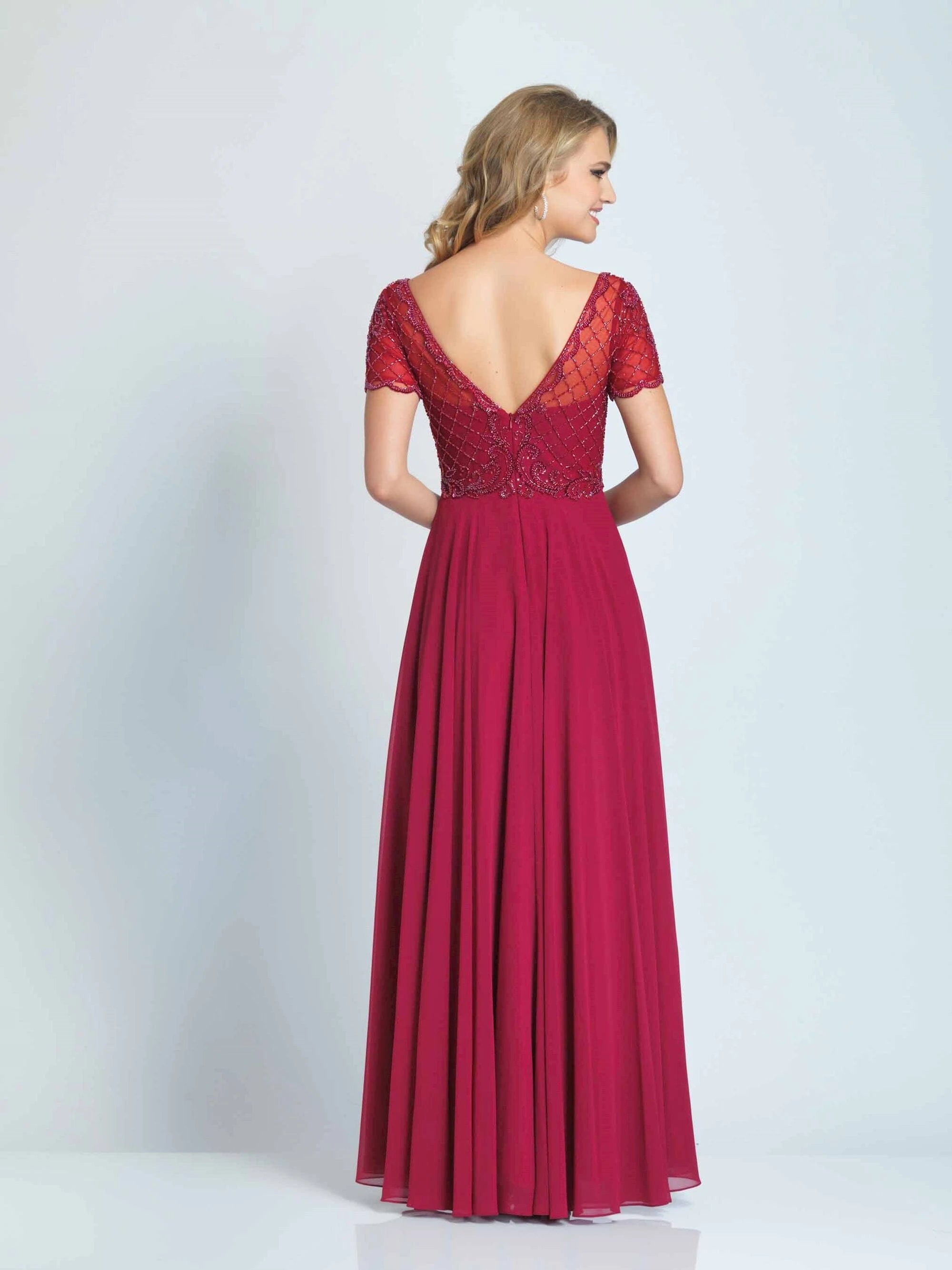 Glamorous A-Line V-Neck Short Sleeve Beaded Burgundy Floor-Length Prom Dresses Women's Gown