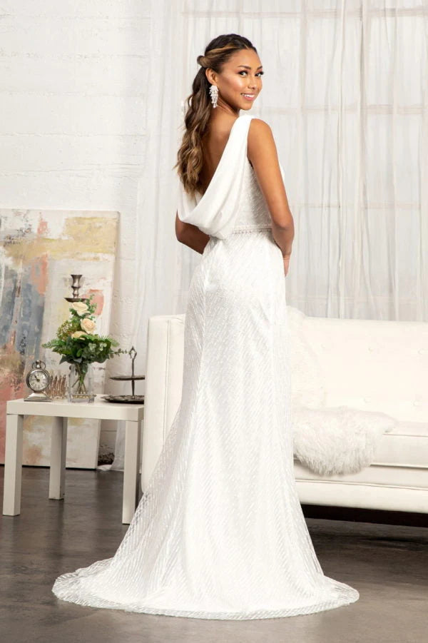 Glamorous A-Line V-Neck Sleeveless Beaded High Slit White Floor-Length Prom Gown