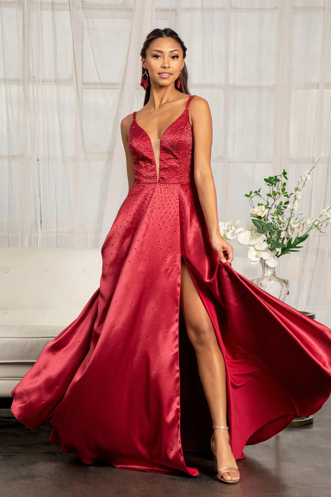 Glamorous A-Line V-Neck Sleeveless Beaded Red High Slit Prom Dress