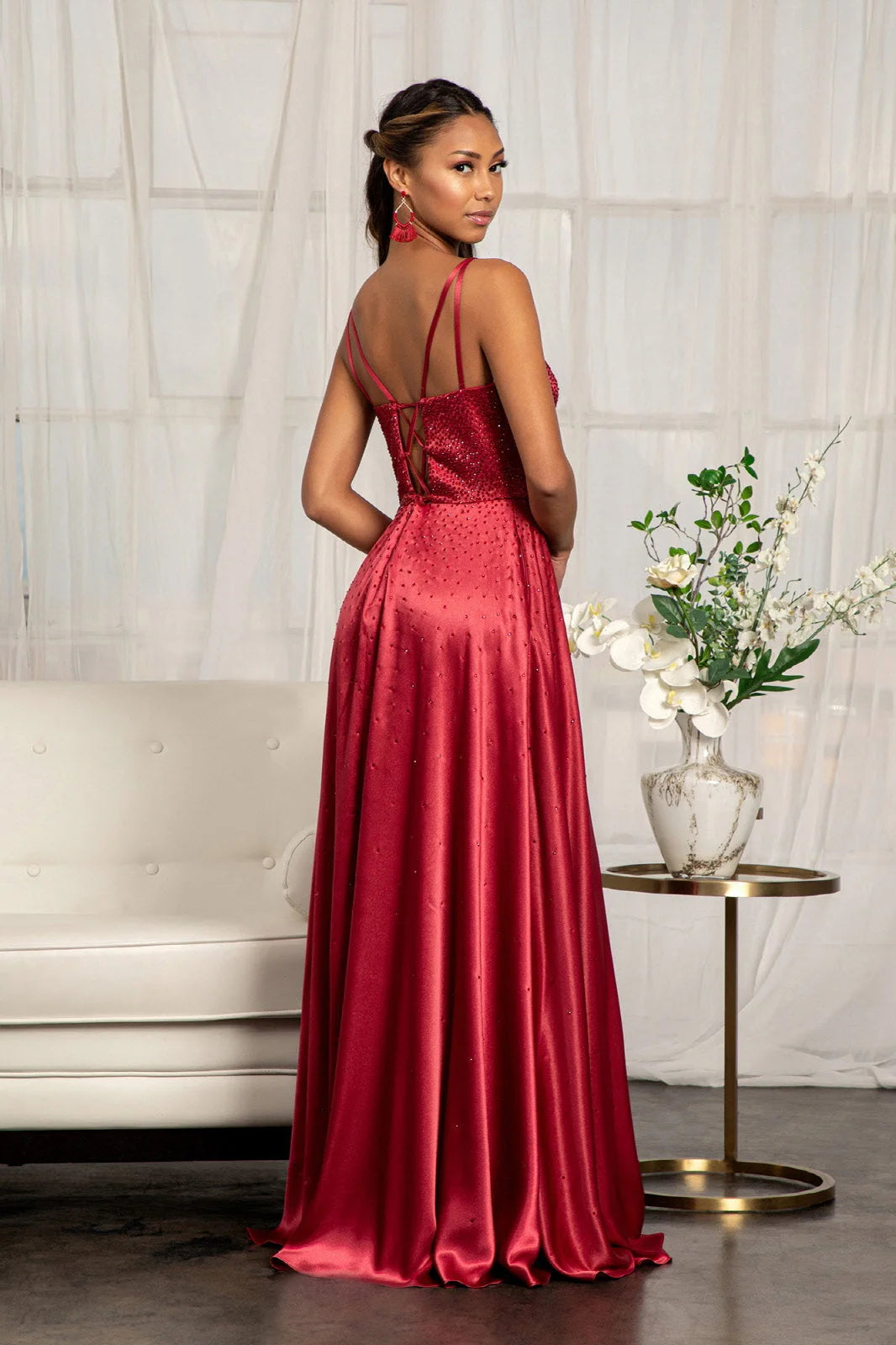 Glamorous A-Line V-Neck Sleeveless Beaded Red High Slit Prom Dress