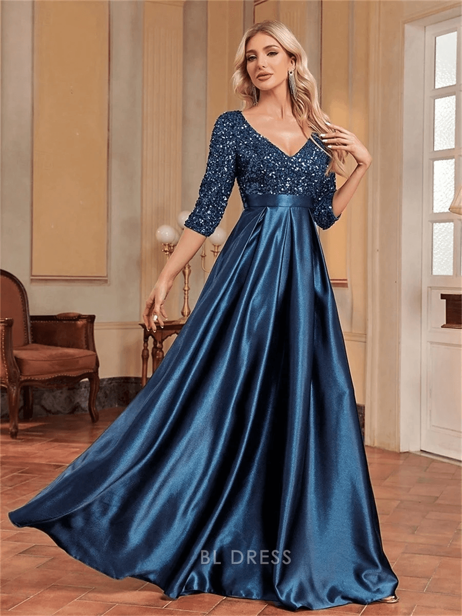 Glamorous A-Line V-Neck Three-Quarter Sleeve Sparkling Teal Blue Floor-Length Prom Dresses Gown