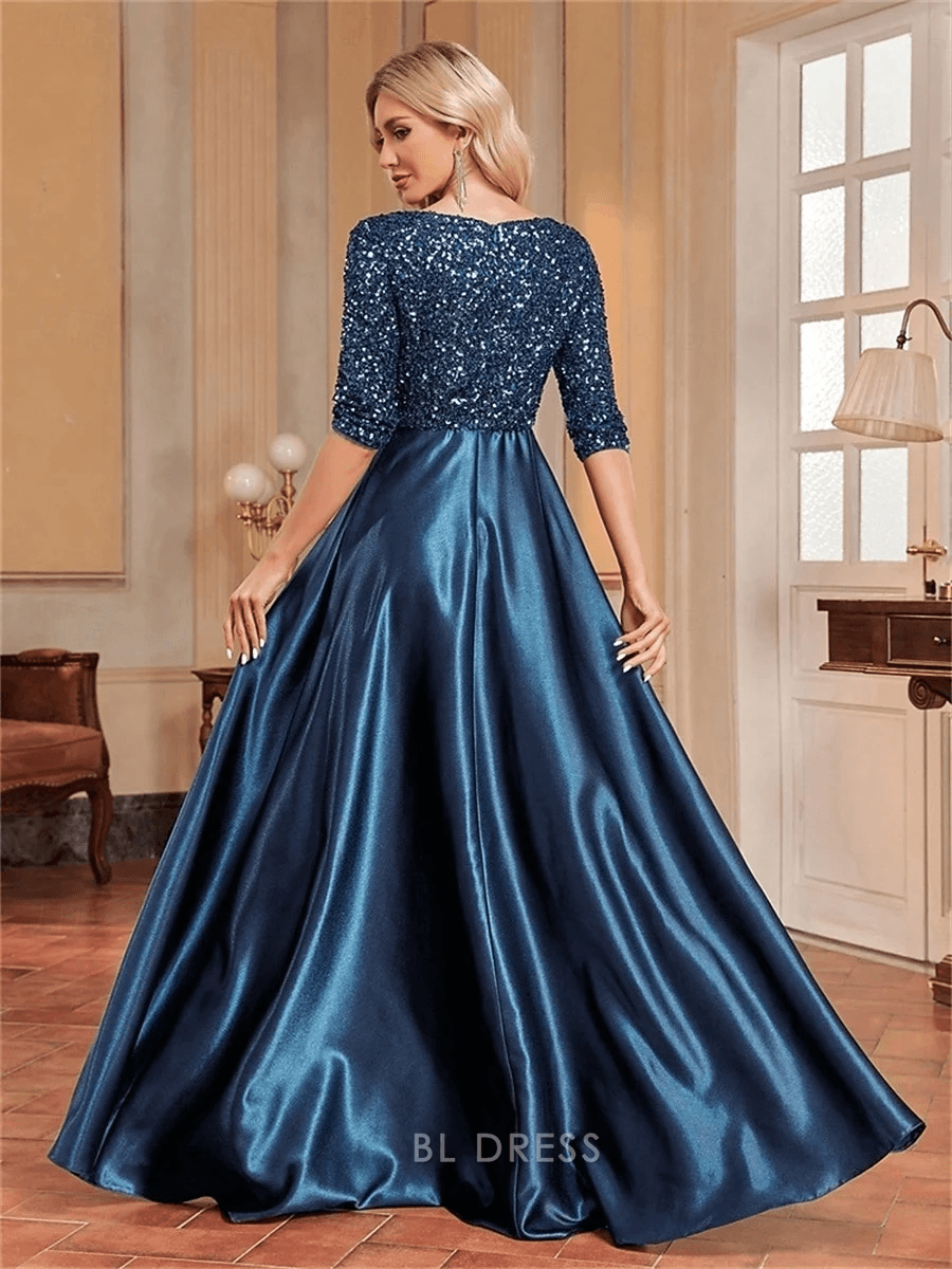 Glamorous A-Line V-Neck Three-Quarter Sleeve Sparkling Teal Blue Floor-Length Prom Dresses Gown