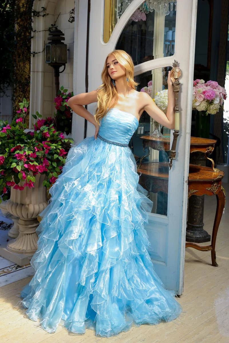 Glamorous Ball Gown Strapless Sweetheart Ruffled Tiered Sky Blue Floor-Length Prom Dress