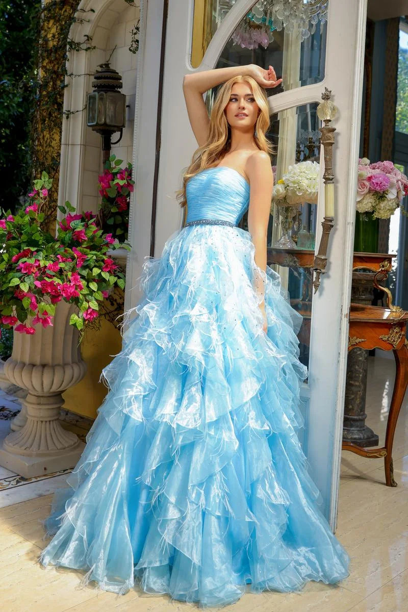 Glamorous Ball Gown Strapless Sweetheart Ruffled Tiered Sky Blue Floor-Length Prom Dress