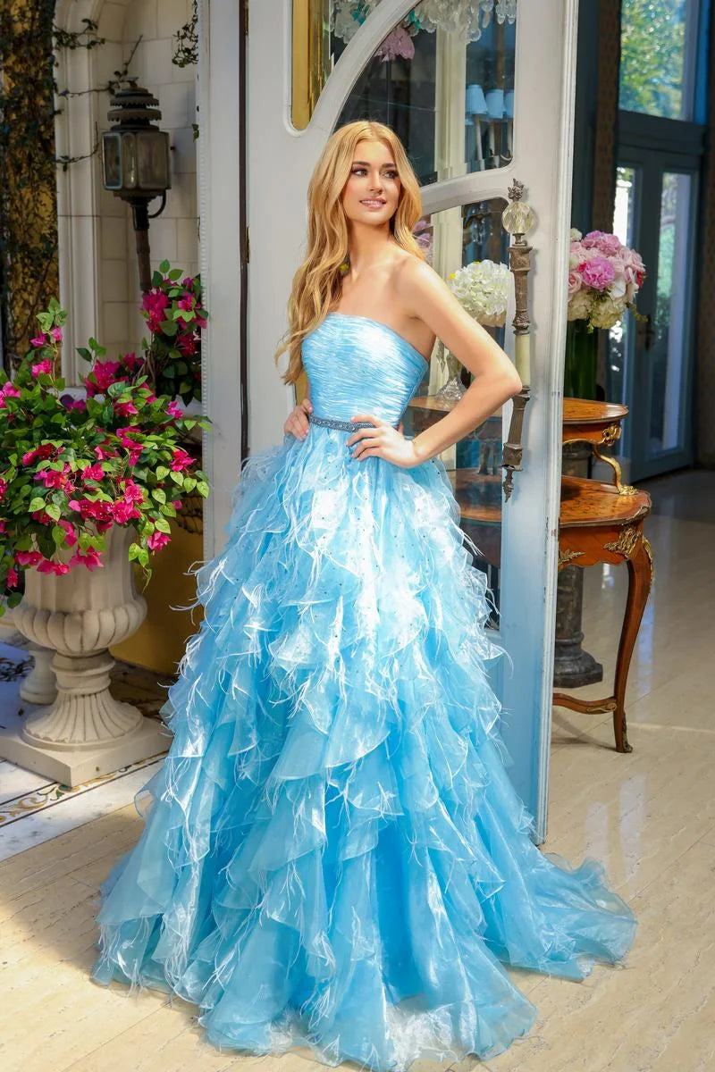 Glamorous Ball Gown Strapless Sweetheart Ruffled Tiered Sky Blue Floor-Length Prom Dress