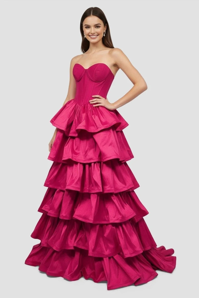 Glamorous Ballgown Sweetheart Strapless Tiered Corset Magenta Maxi Prom Dresses Women