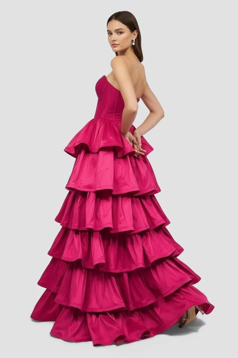 Glamorous Ballgown Sweetheart Strapless Tiered Corset Magenta Maxi Prom Dresses Women
