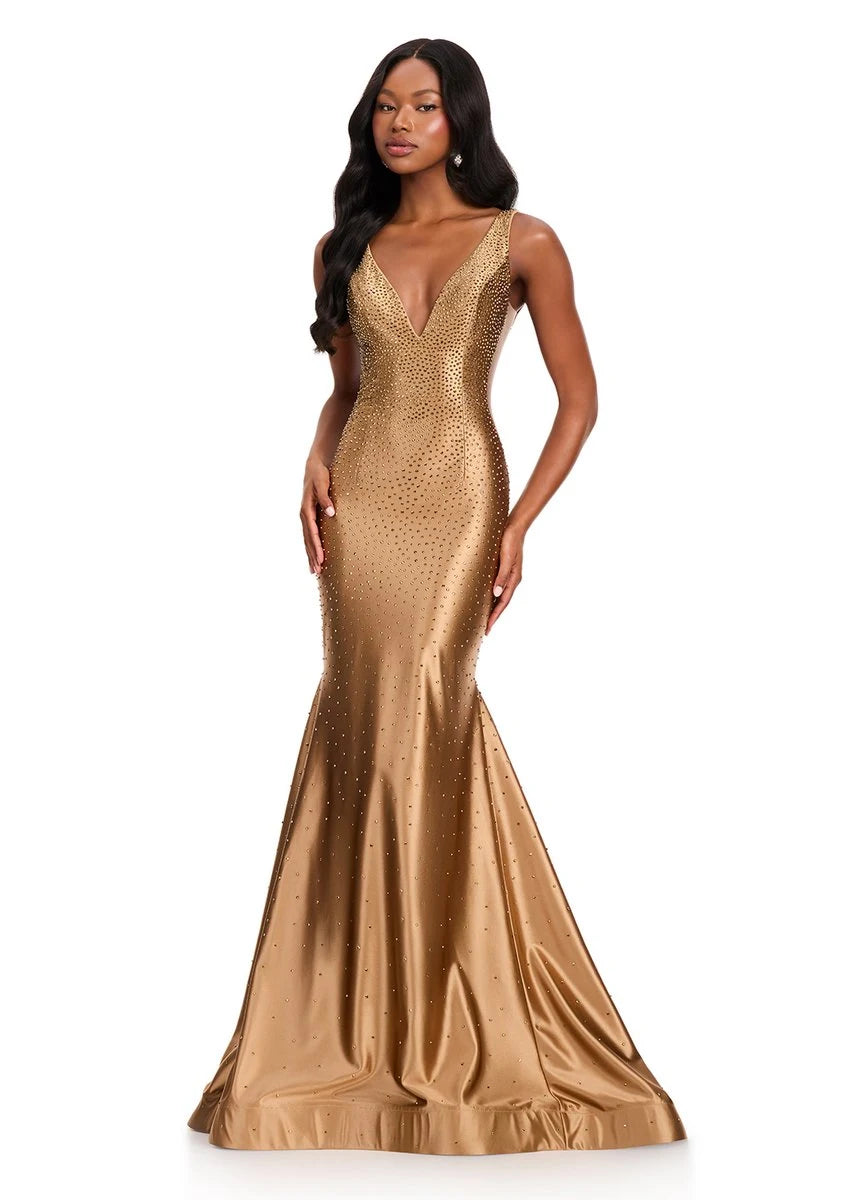 Glamorous Beaded Mermaid V-Neck Sleeveless Gold Floor-Length Prom Dress Gown