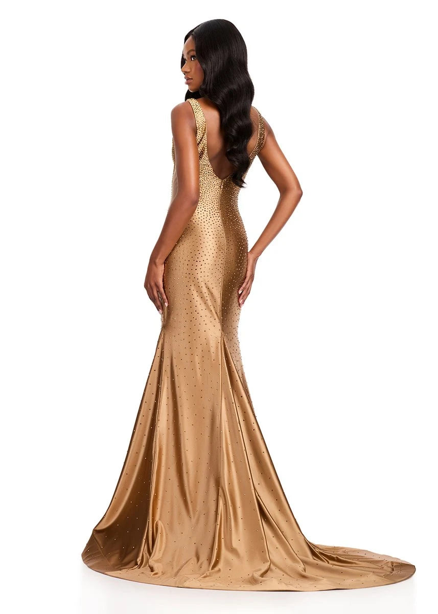Glamorous Beaded Mermaid V-Neck Sleeveless Gold Floor-Length Prom Dress Gown