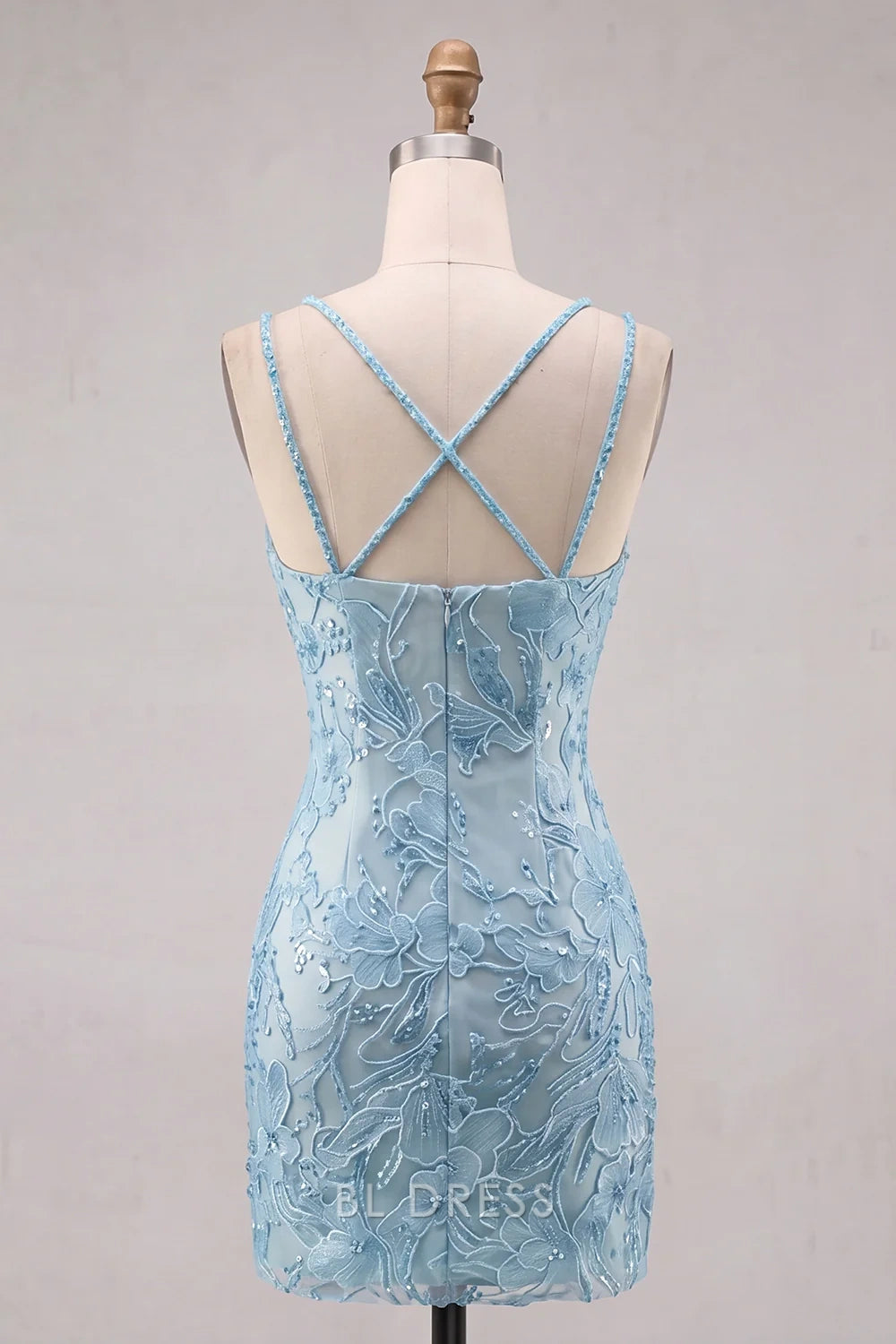 Glamorous Bodycon Deep V-Neck Sleeveless Beaded Floral Light Blue Mini Homecoming Dress