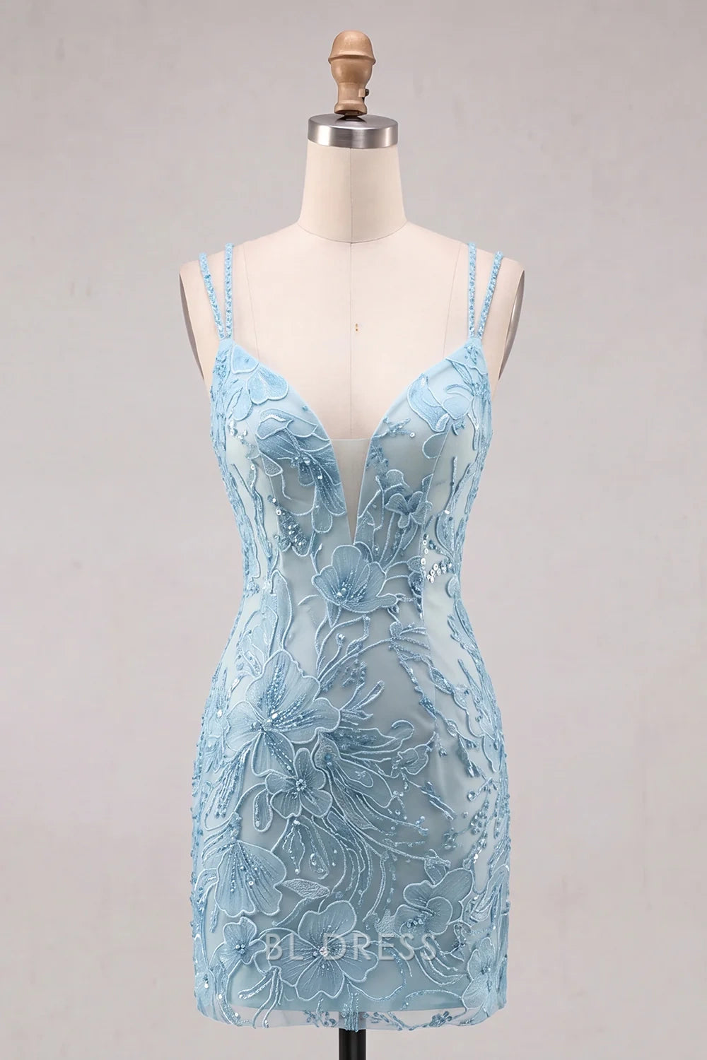 Glamorous Bodycon Deep V-Neck Sleeveless Beaded Floral Light Blue Mini Homecoming Dress