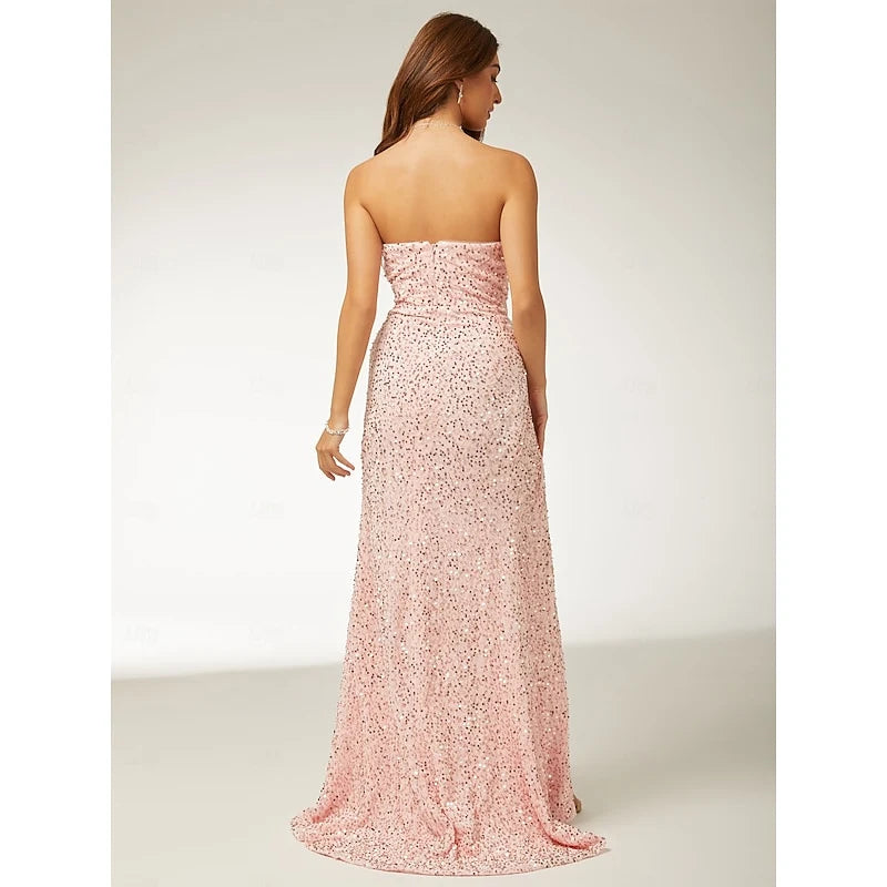 Glamorous Bodycon Mermaid Strapless Draped Sparkling Rose Gold Floor-Length Prom Dress for Women