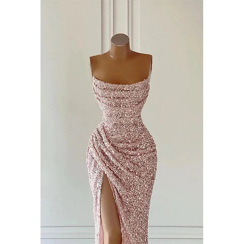 Glamorous Bodycon Mermaid Strapless Draped Sparkling Rose Gold Floor-Length Prom Dress for Women