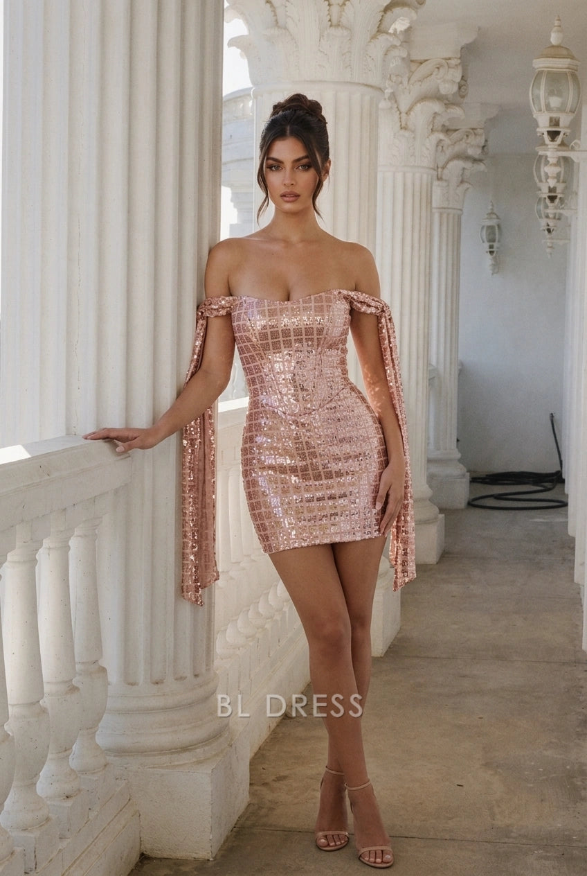 Glamorous Bodycon Off-Shoulder Draped Sequin Rose Gold Mini Homecoming Dress Women's