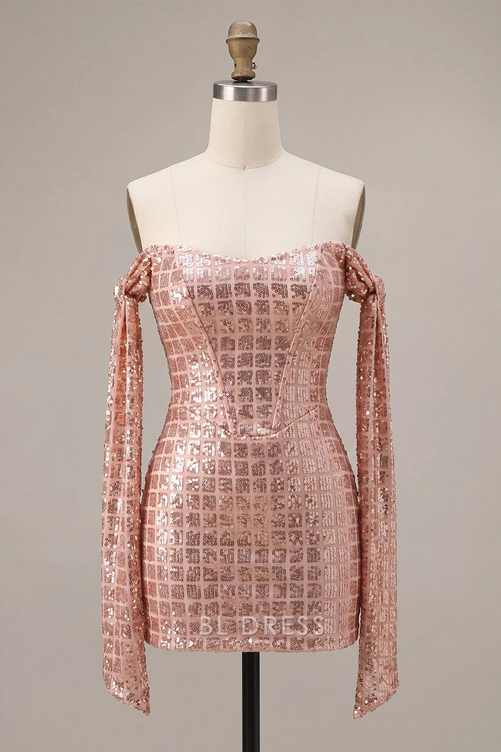 Glamorous Bodycon Off-Shoulder Draped Sequin Rose Gold Mini Homecoming Dress Women's