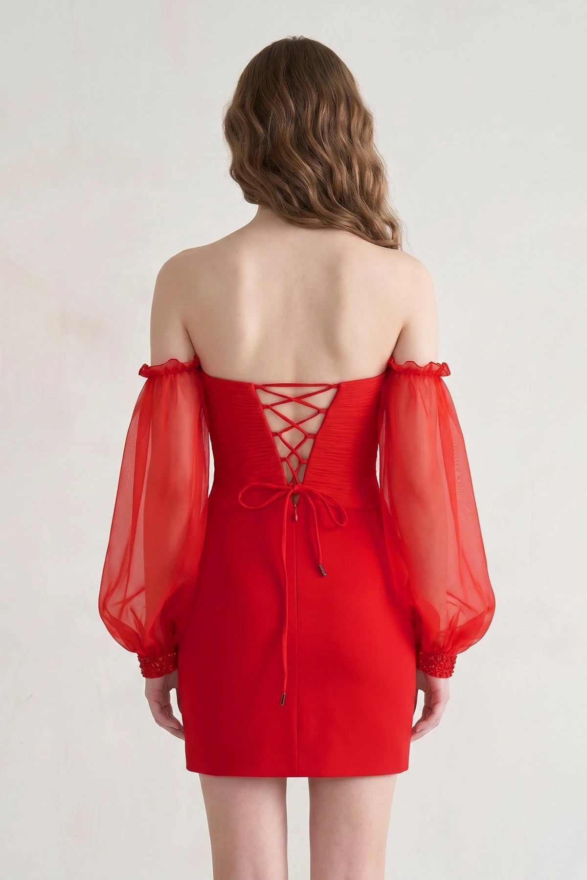 Glamorous Bodycon Off-Shoulder Puffy Sleeves Ruched Cutout Red Short Homecoming Dress