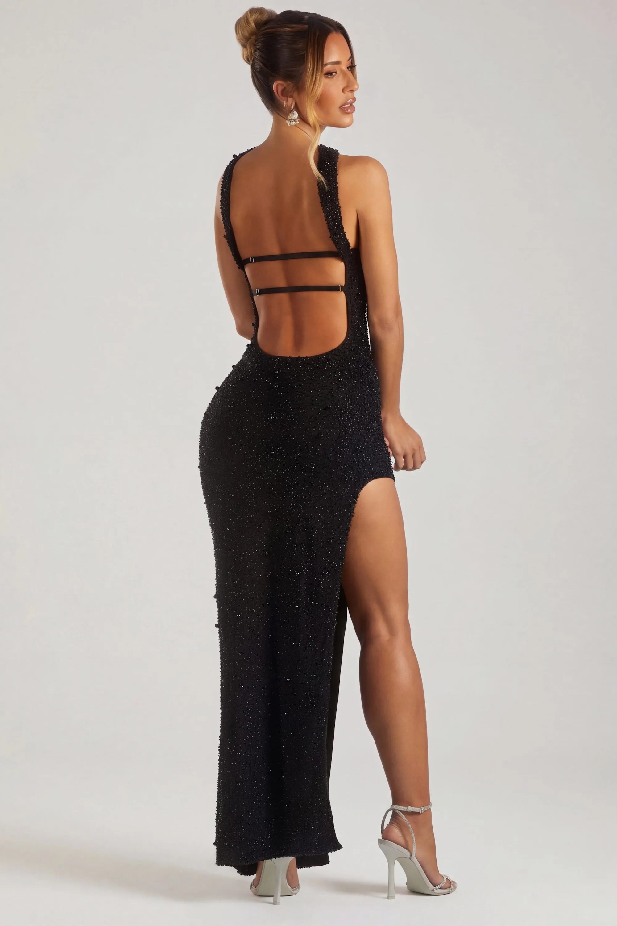 Glamorous Bodycon Strapless Beaded High-Slit Black Floor-Length Prom Gown
