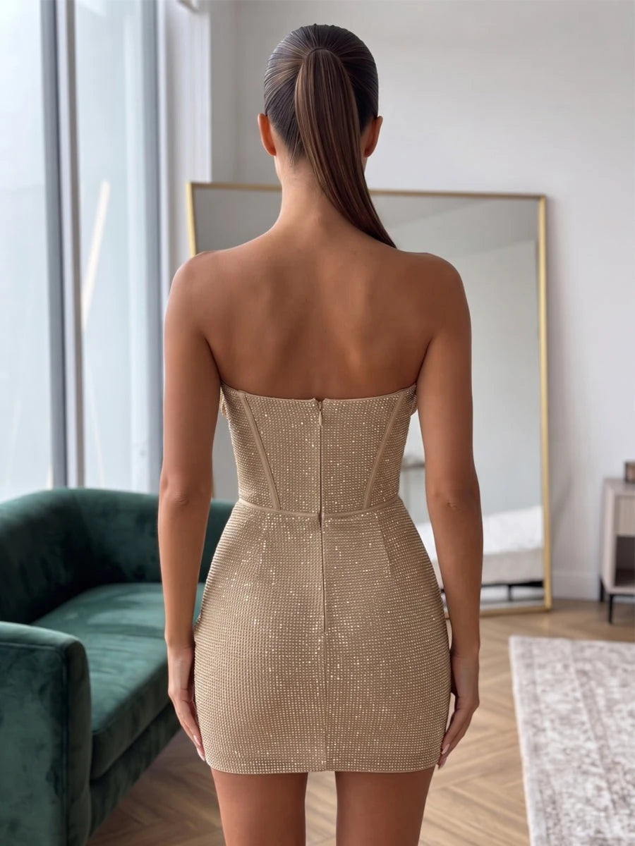 Glamorous Bodycon Strapless Sleeveless Rhinestone Corset Gold Mini Homecoming Dress