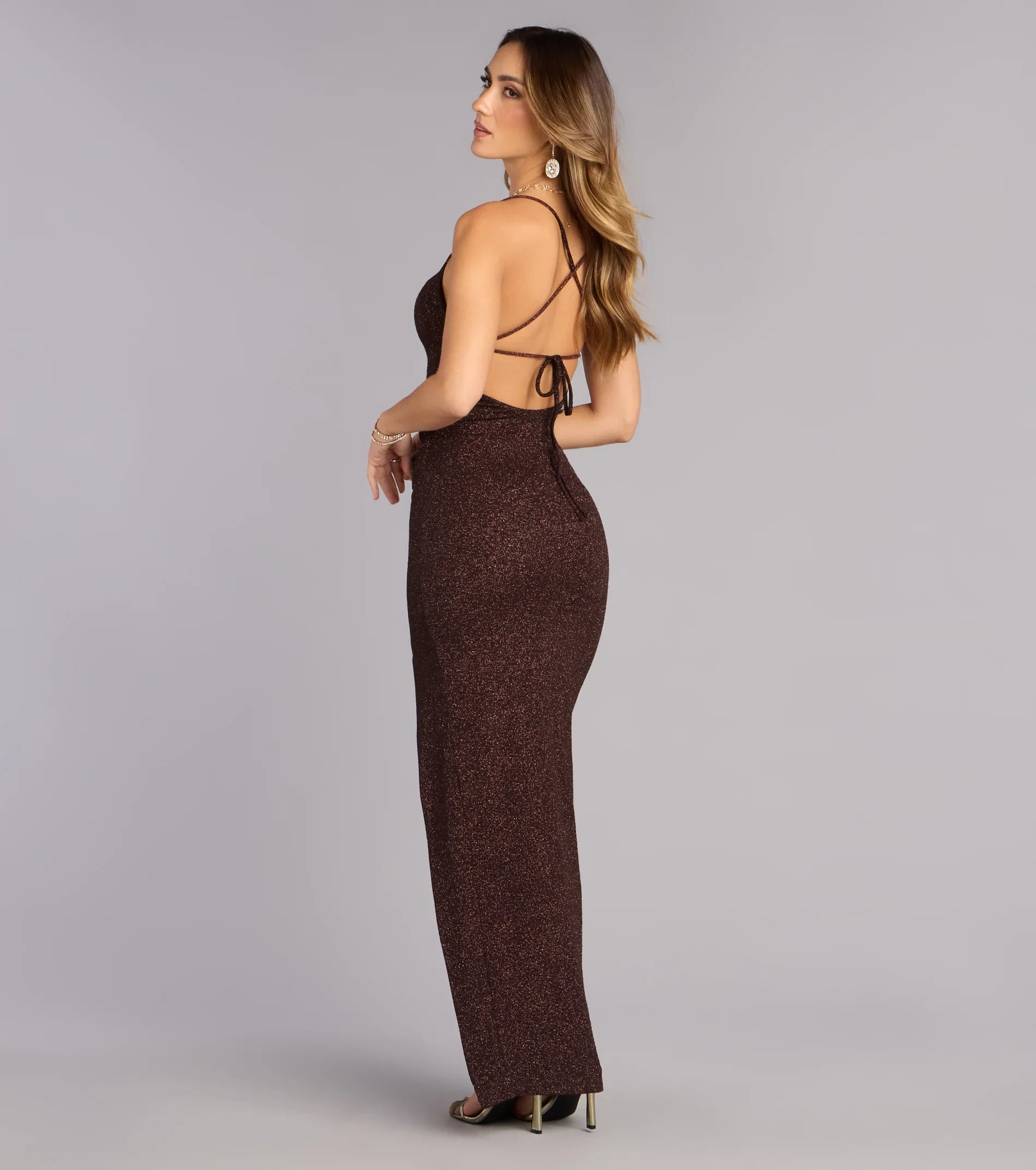 Glamorous Column Cowl Neck Sleeveless Glitter Brown Floor-Length Prom Dress Women's