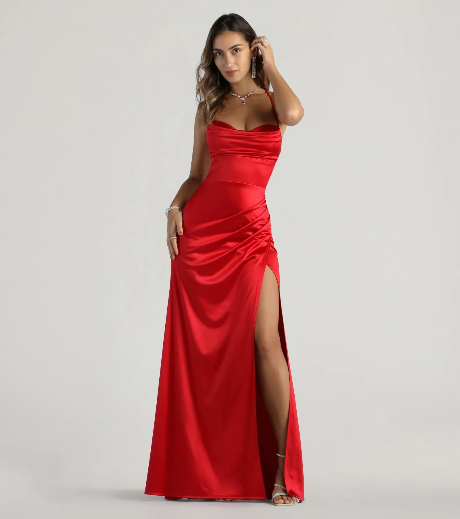 Glamorous Column Cowl Neck Sleeveless High Slit Red Floor-Length Prom Dress
