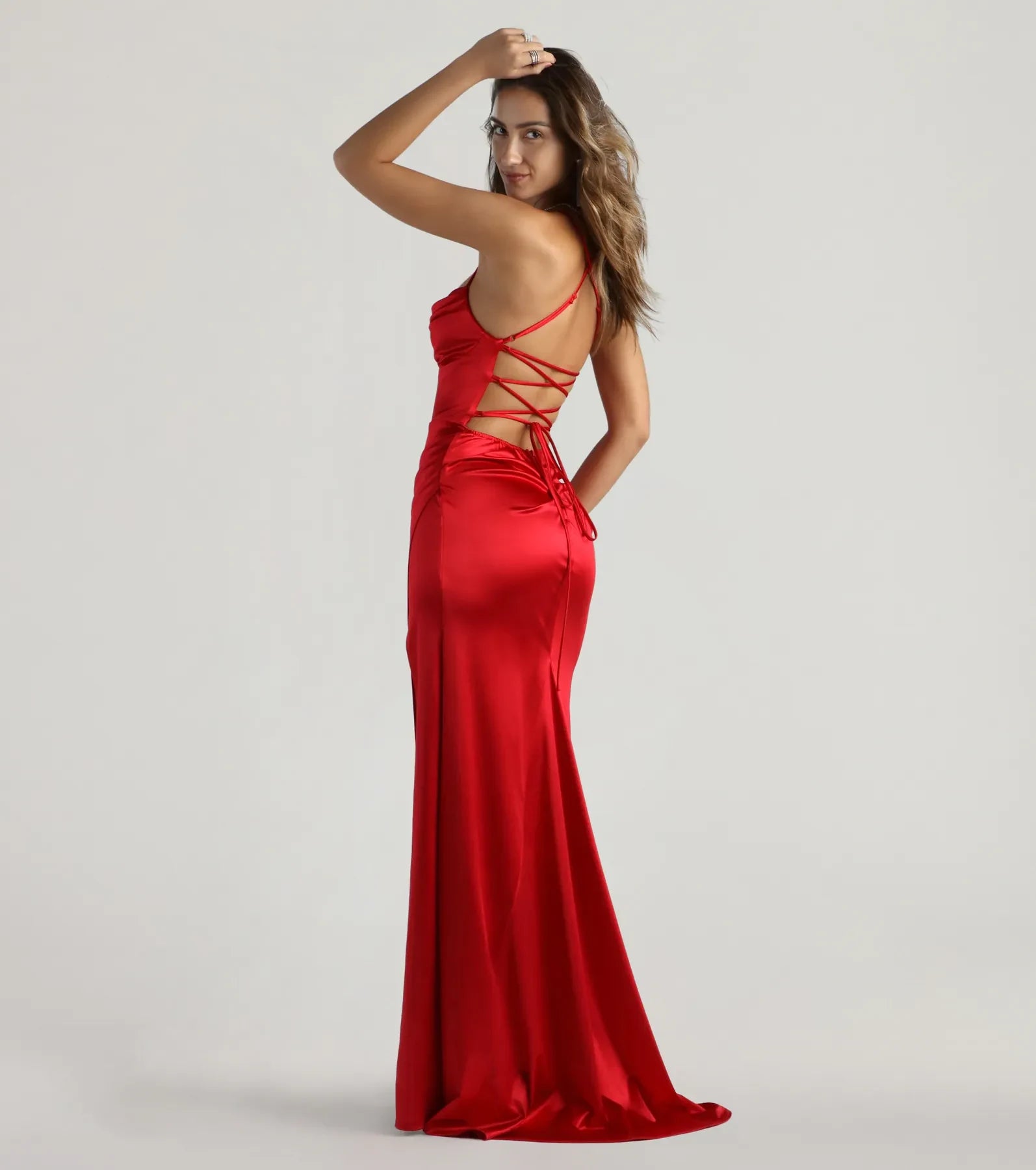 Glamorous Column Cowl Neck Sleeveless High Slit Red Floor-Length Prom Dress