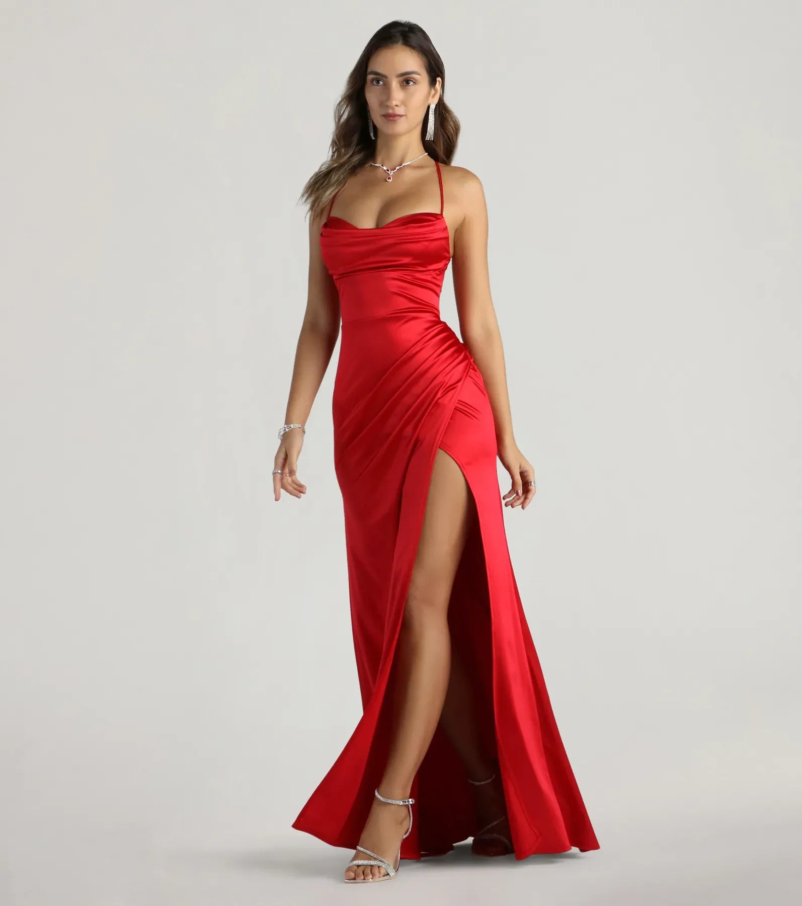 Glamorous Column Cowl Neck Sleeveless High Slit Red Floor-Length Prom Dress