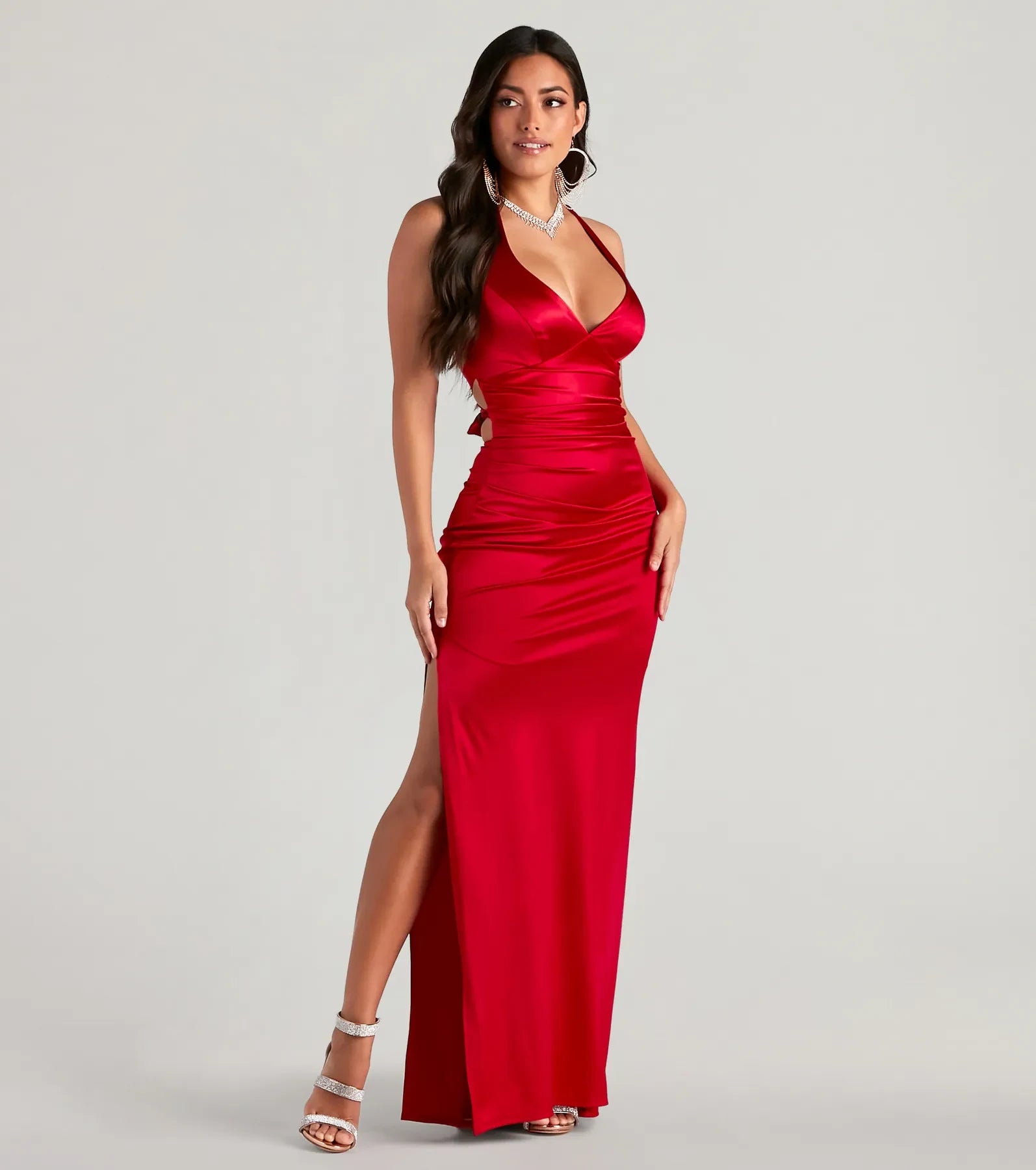 Glamorous Column Deep V-Neck Sleeveless Ruched Lace-Up Red Floor-Length Prom Dress