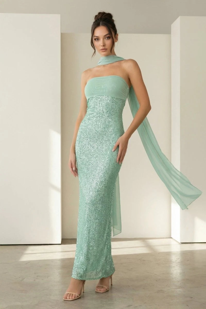 Glamorous Column Strapless Sleeveless Scarf Sequin Mint Maxi Prom Dresses Women