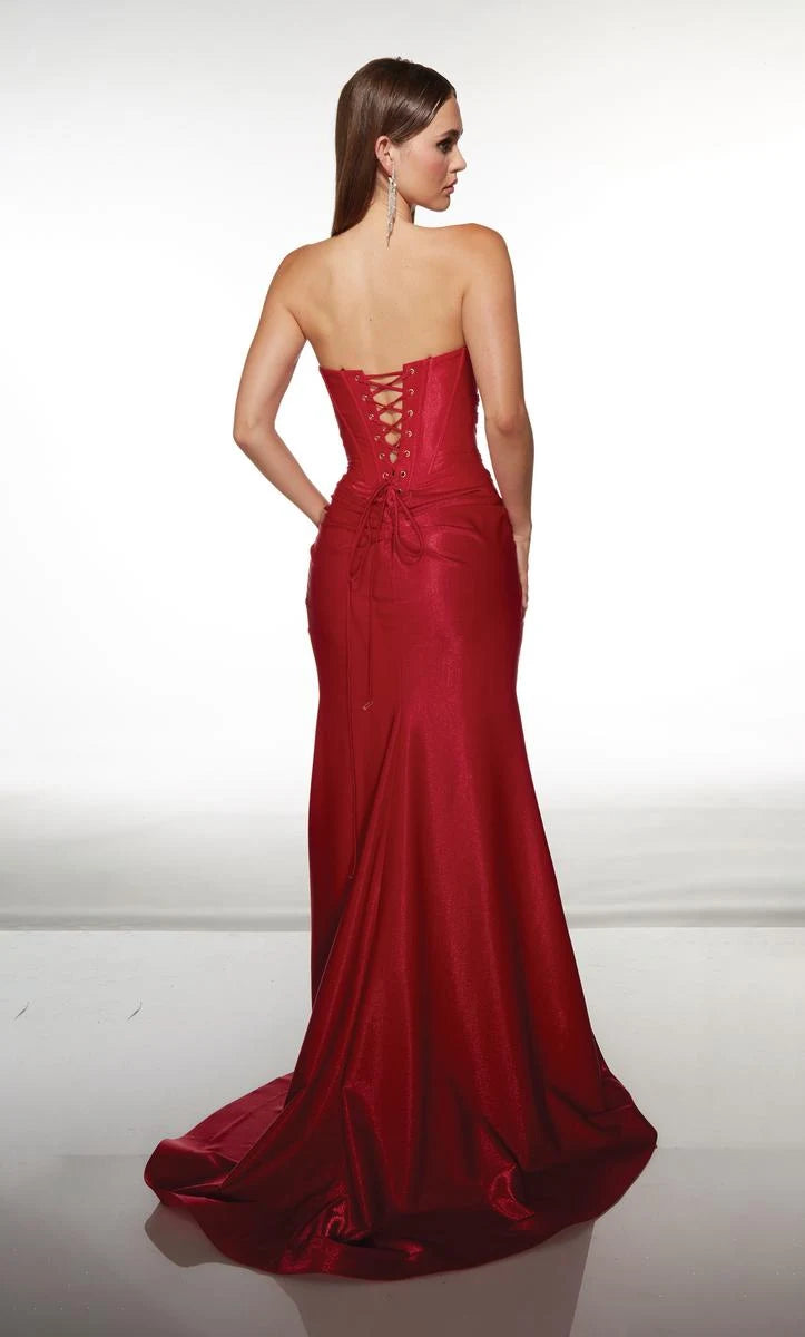 Glamorous Draped Strapless High Slit Red Floor-Length Prom Dress Women's Gown