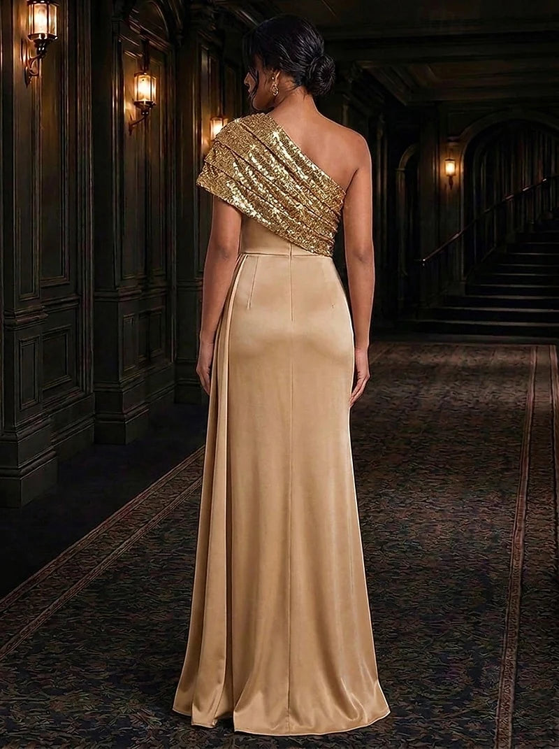 Glamorous Fitted One-Shoulder Sequin Draped Golden Champagne Floor-Length Prom Dresses Women's Gown