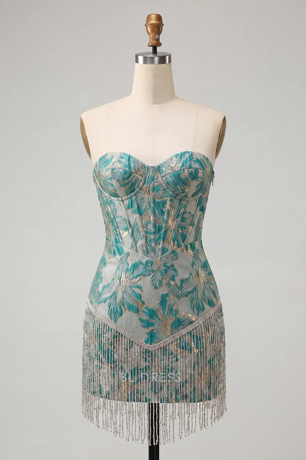 Glamorous Fitted Sweetheart Sleeveless Floral Beaded Teal Mini Homecoming Dress