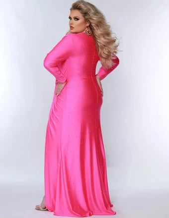 Glamorous Fitted V-Neck Long-Sleeve Ruched Slit Pink Maxi Prom Dresses Women