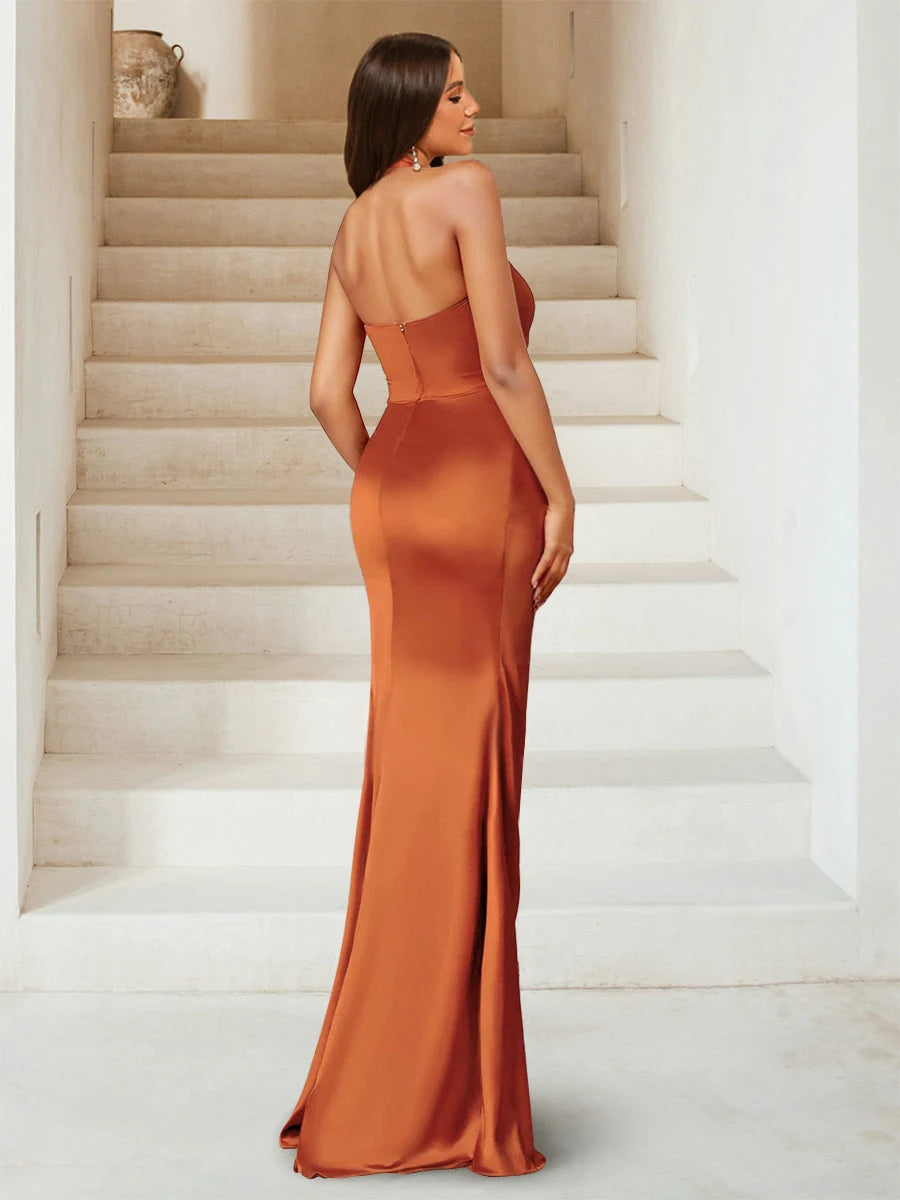 Glamorous Halter Ruched Mermaid High Slit Burnt Orange Prom Dress