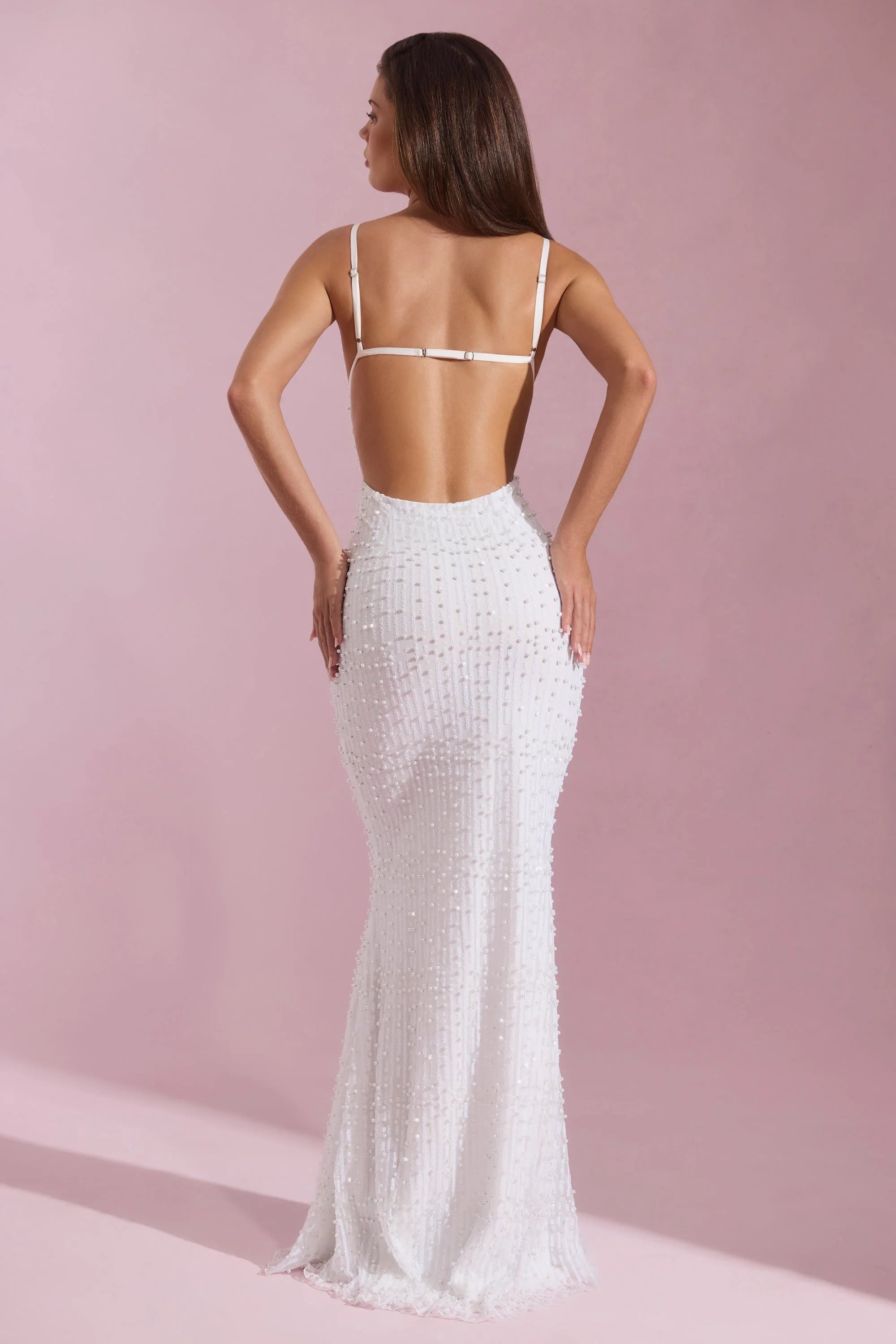 Glamorous Mermaid Cowl Neck Sleeveless Beaded Backless White Floor-Length Prom Dresses Women's Gown