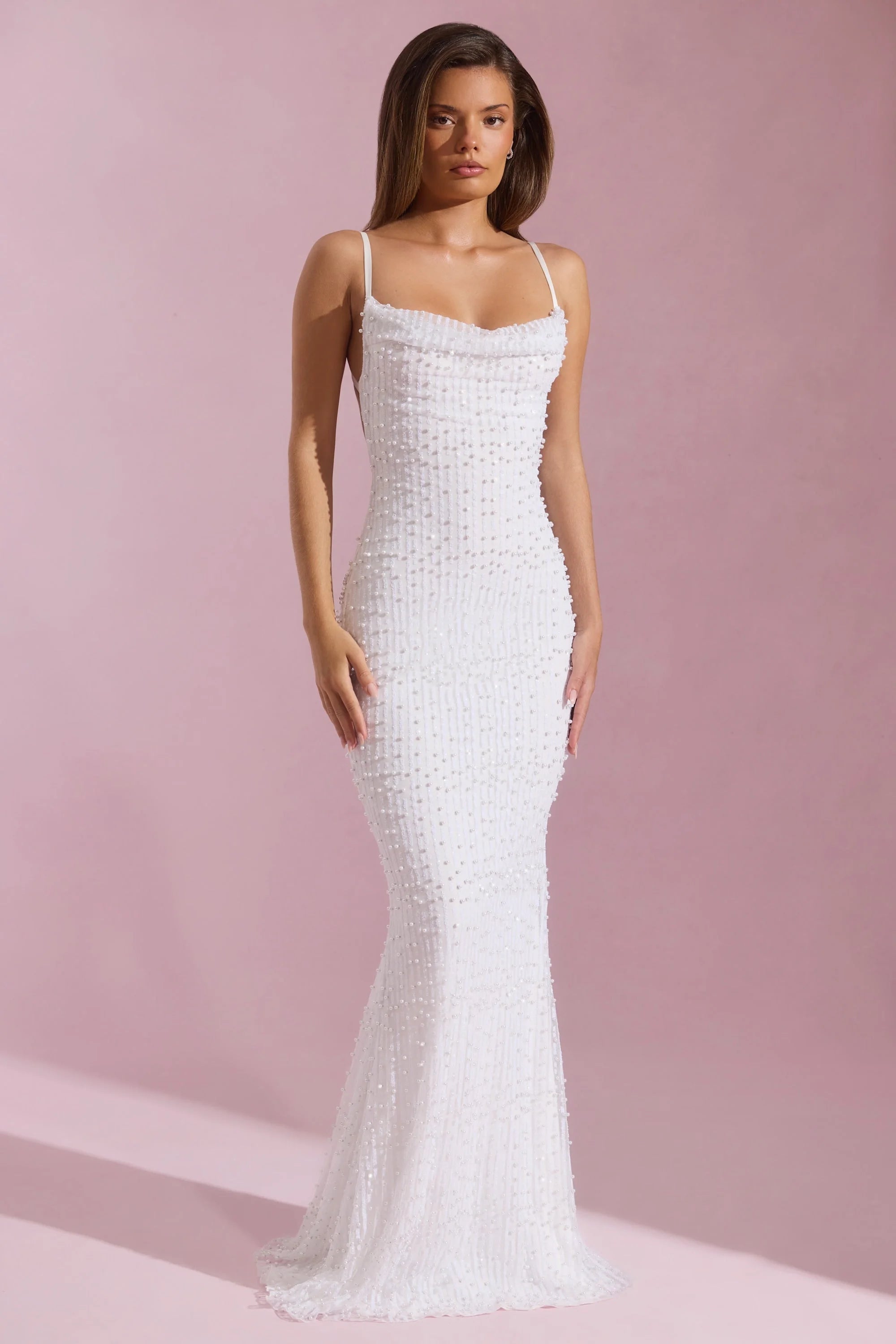 Glamorous Mermaid Cowl Neck Sleeveless Beaded Backless White Floor-Length Prom Dresses Women's Gown