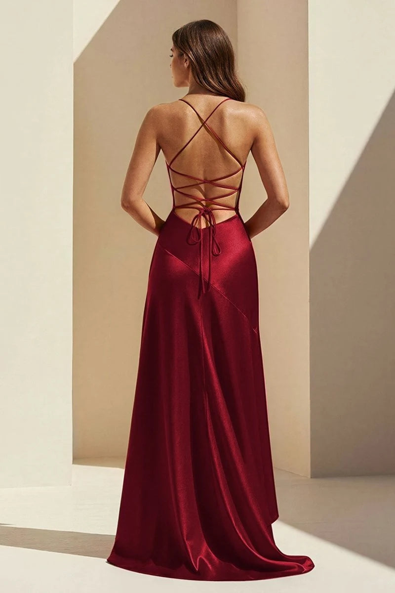 Glamorous Mermaid Cowl Sleeveless Ruffled Backless Burgundy Maxi Prom Dresses Women