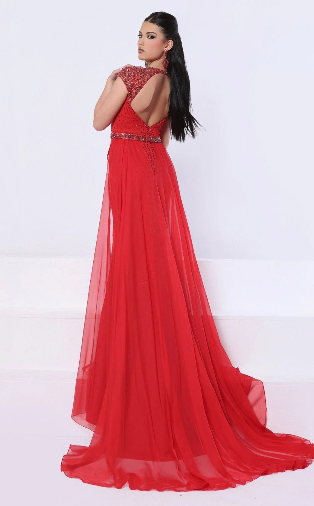 Glamorous Mermaid Deep V-Neck Cap Sleeves High Slit Red Prom Gown