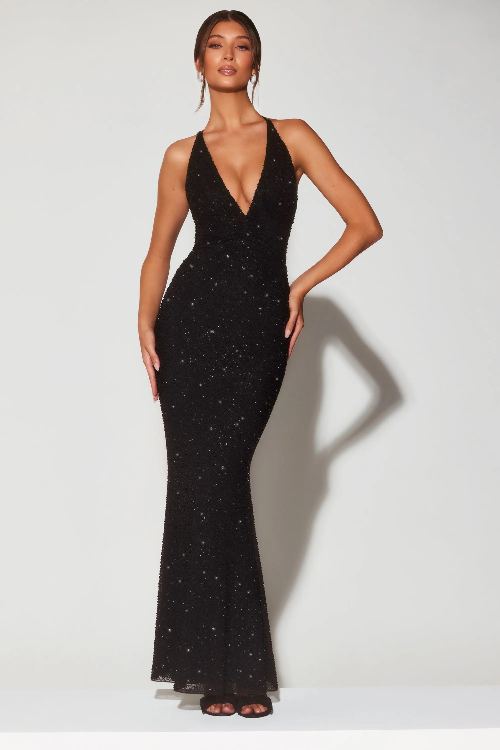Glamorous Mermaid Deep V-Neck Halter Sleeveless Black Floor-Length Prom Dress