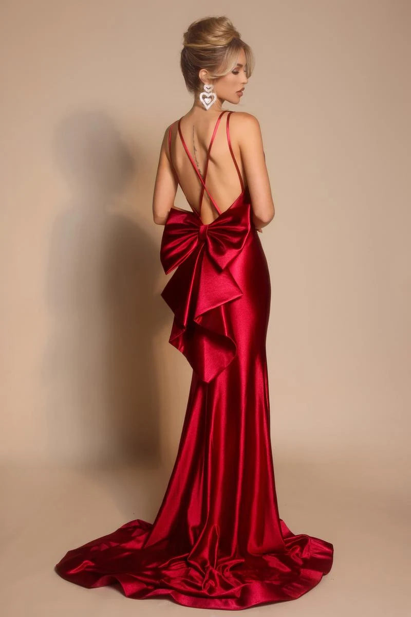 Glamorous Mermaid Deep V-Neck Sleeveless Bow-Back Ruby Red Floor-Length Prom Gown