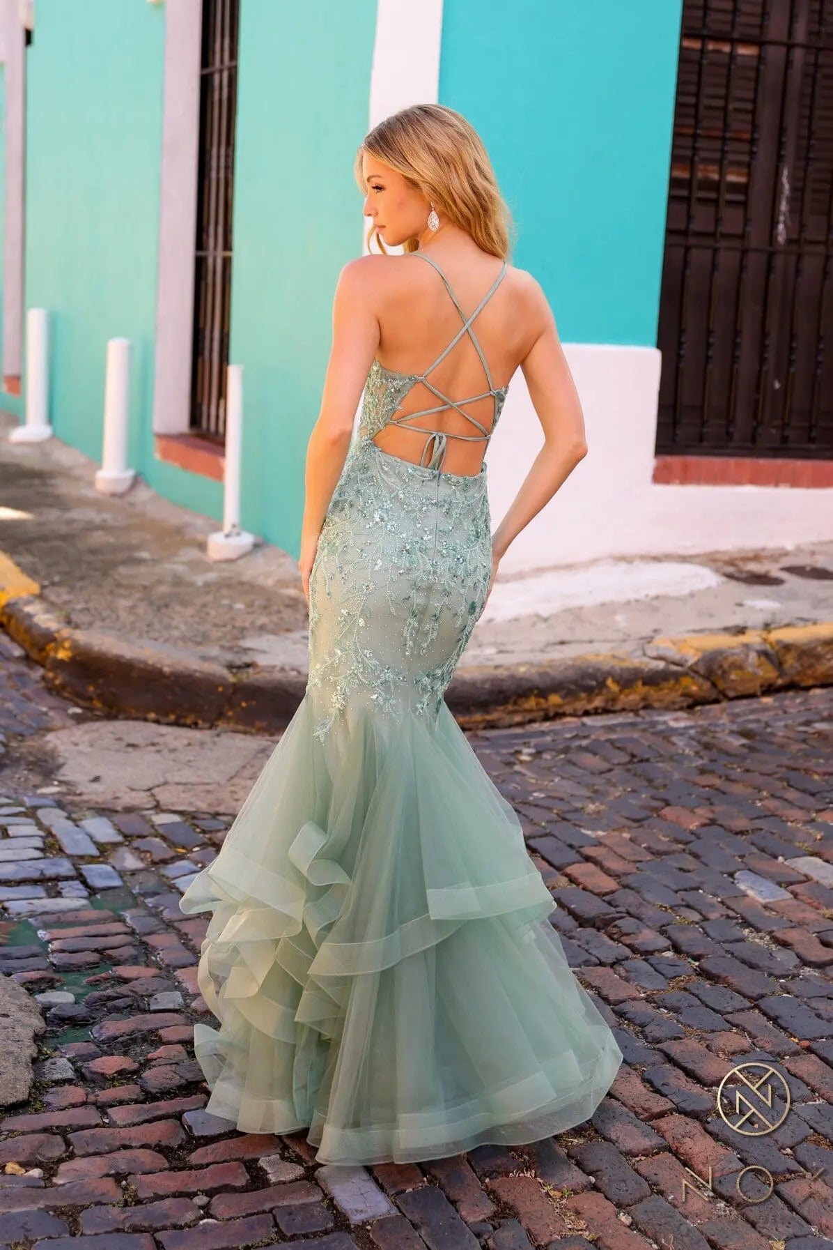 Glamorous Mermaid Deep V-Neck Sleeveless Embellished Tiered Sage Green Prom Dress