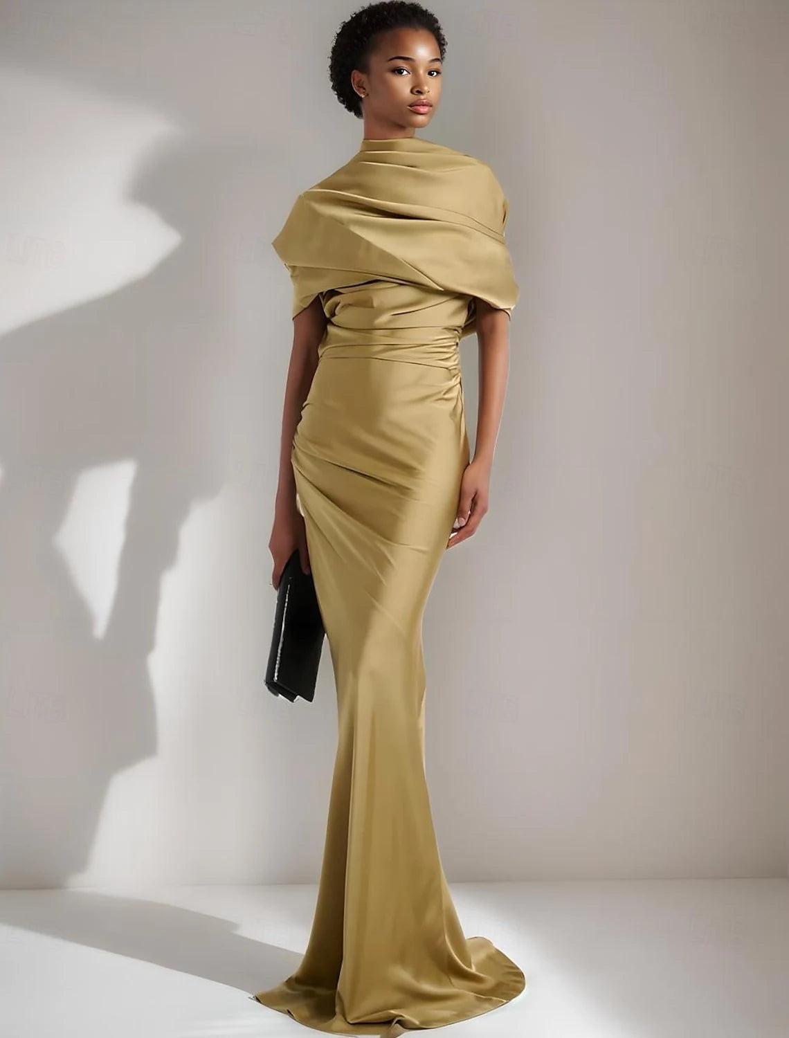 Glamorous Mermaid Draped Off-Shoulder Ruched Backless Golden Olive Floor-Length Evening Dresses Gown