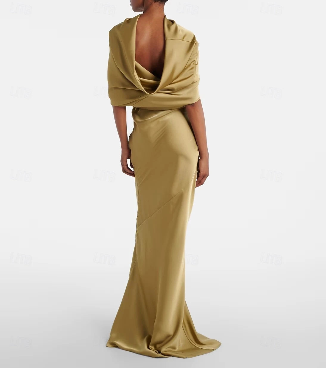 Glamorous Mermaid Draped Off-Shoulder Ruched Backless Golden Olive Floor-Length Evening Dresses Gown