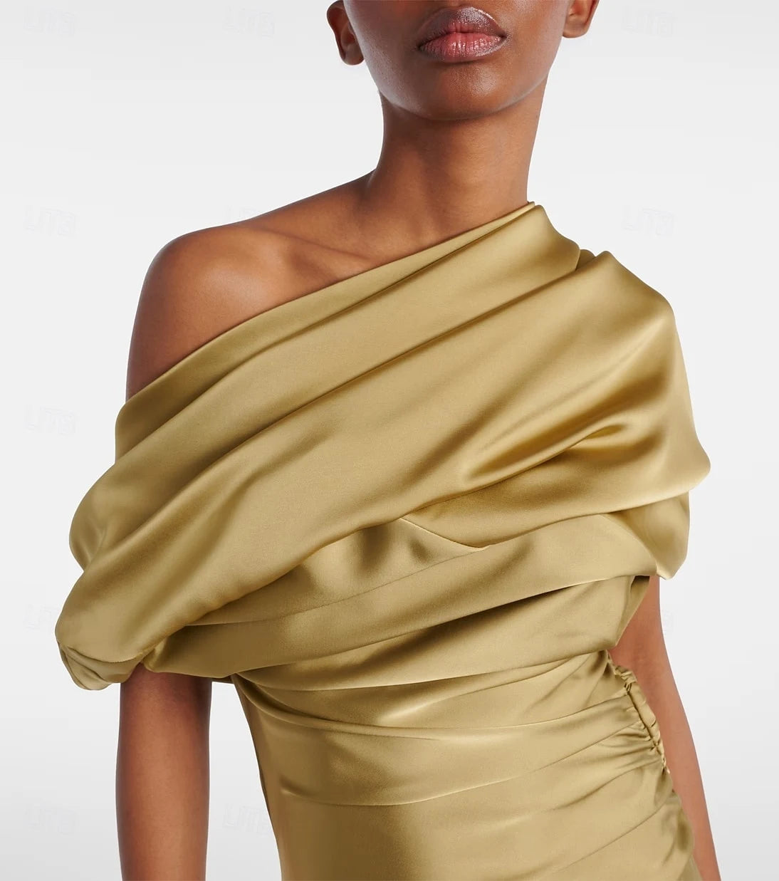 Glamorous Mermaid Draped Off-Shoulder Ruched Backless Golden Olive Floor-Length Evening Dresses Gown