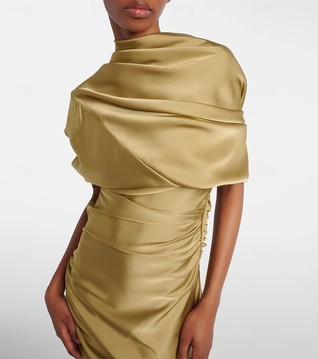 Glamorous Mermaid Draped Off-Shoulder Ruched Backless Golden Olive Floor-Length Evening Dresses Gown