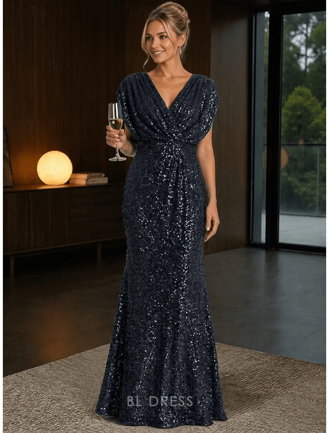 Glamorous Mermaid Draped V-Neck Cap Sleeve Sequin Navy Floor-Length Evening Gown