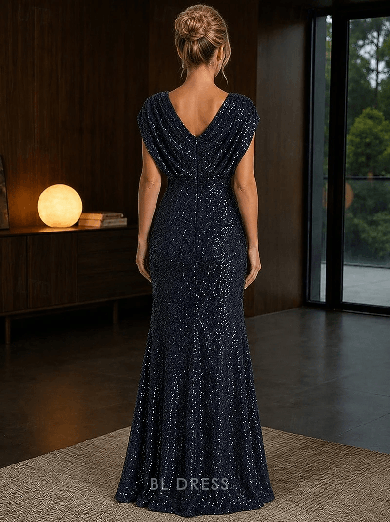 Glamorous Mermaid Draped V-Neck Cap Sleeve Sequin Navy Floor-Length Evening Gown